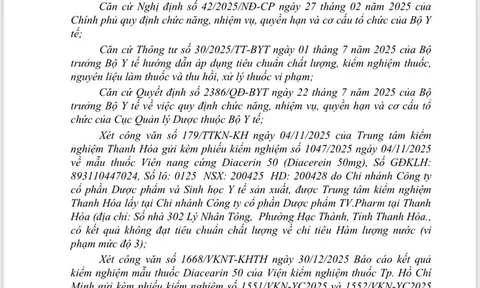 Thu hồi toàn quốc lô thuốc Diacerin 50 do vi phạm chất lượng